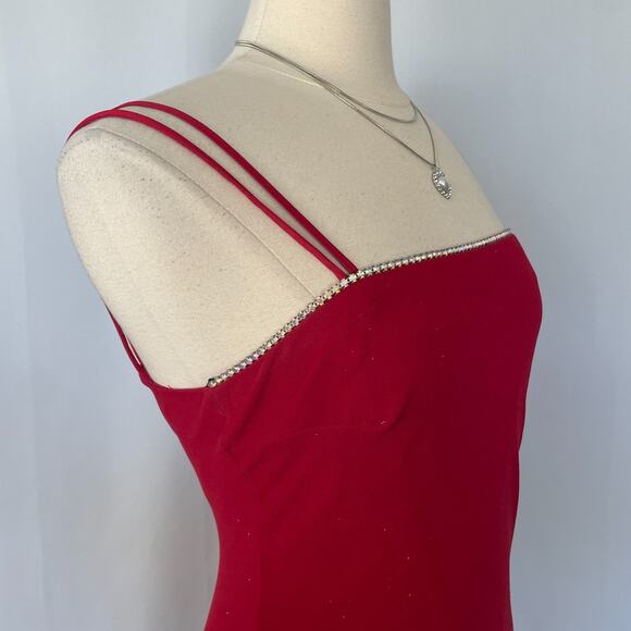 Vintage 90s Y2K Formal Dress Size Small Red Glitter Rhinestone Strappy Prom Long - Picture 4 of 16